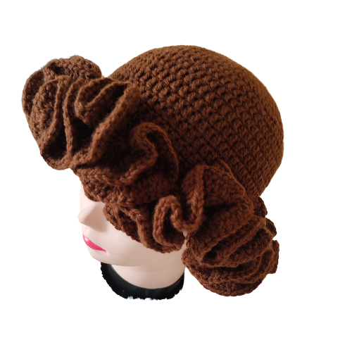 Acrylic yarn crocheted ruffle hat- brown