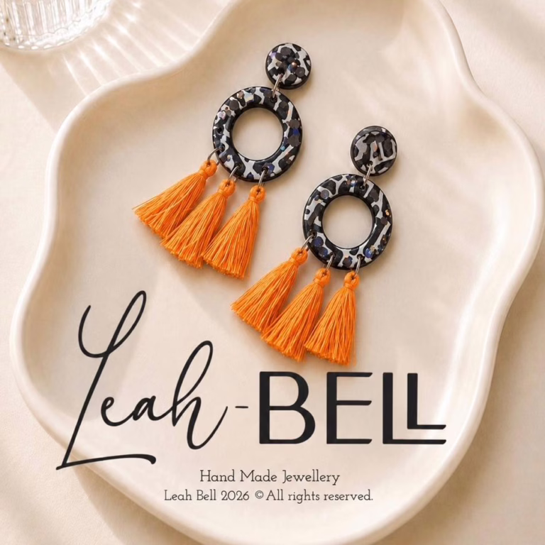 Black Marble & <br>Orange Tassel Earrings Black Marble & Orange Tassel Earrings